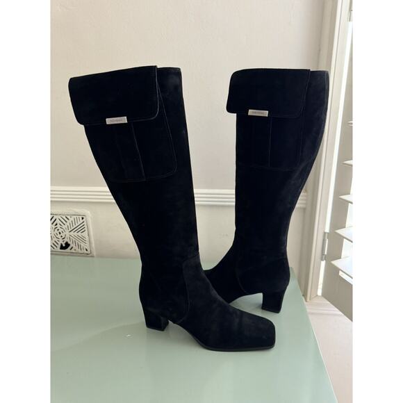 YVES SAINT LAURENT VTG Square Toe Black Suede Knee Boots Block Heels Sz 7.5 YSL - Picture 10 of 16